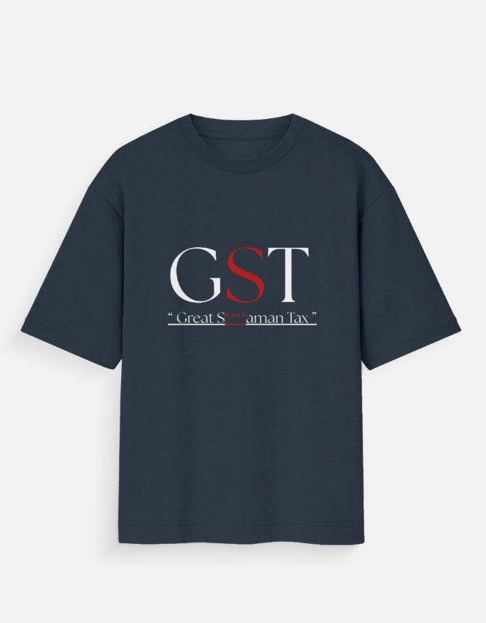 Bluet-shirt with 'GST Great S****aman Tax' text on a white background