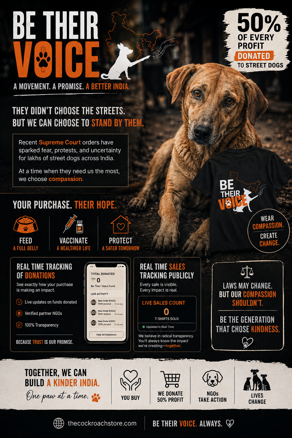 Dog wearing a 'Be Their Voice' shirt.