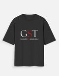 Black t-shirt with 'GST Great S*****aman Tax' text on a white background