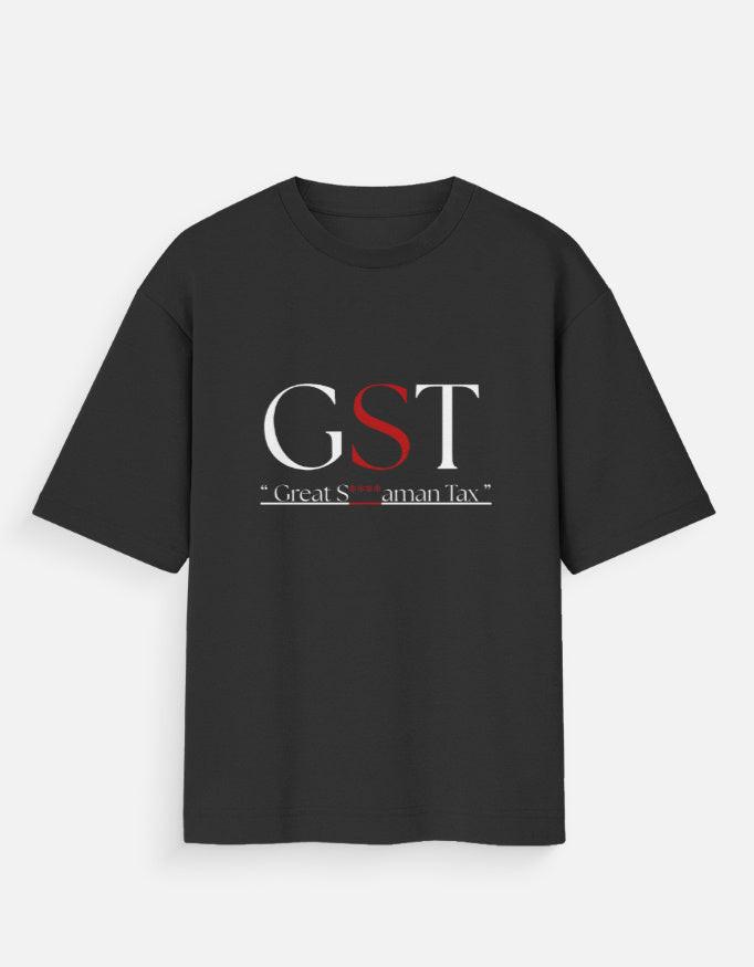 Black t-shirt with 'GST Great S*****aman Tax' text on a white background