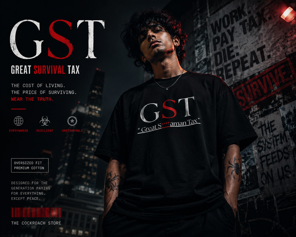 Person wearing a black t-shirt with 'GST' text, standing against a dark background with urban elements.
