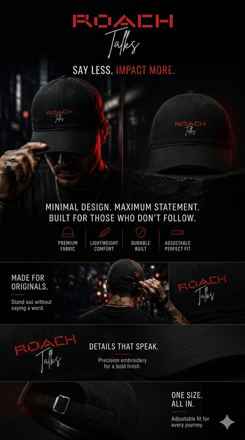 Black cap with 'Roach Talks' branding worn by a person.