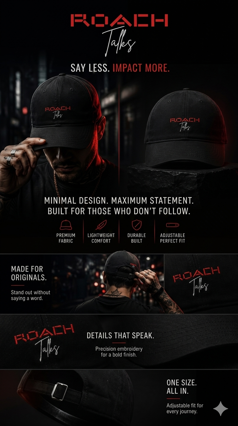 Black cap with 'Roach Talks' branding worn by a person.