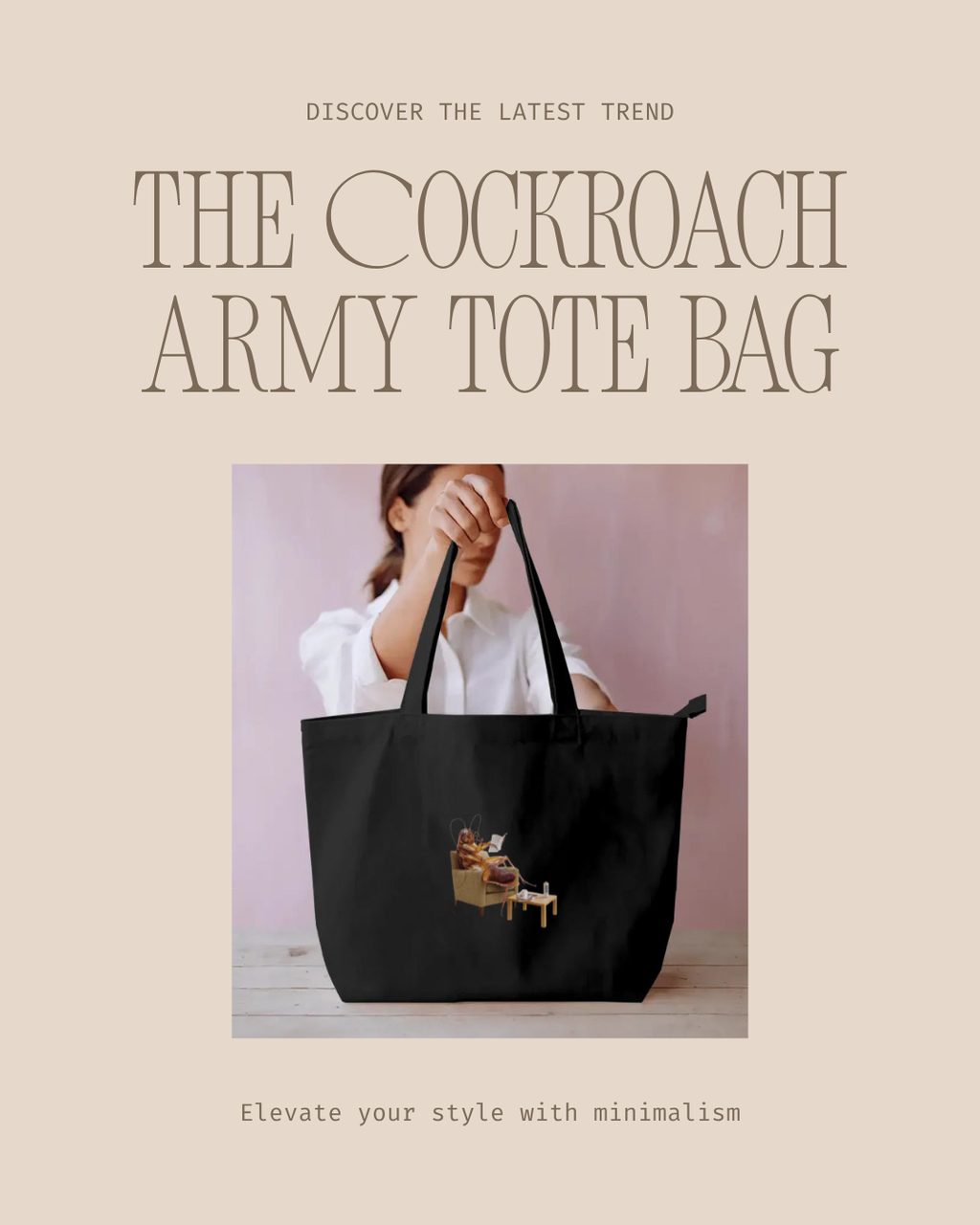 CockRoach Army Tote Bag – Large canvas tote bag India with bold cockroach army print, front view