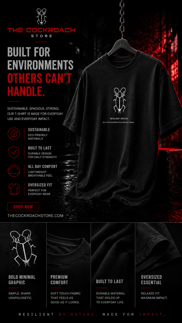 Black t-shirt with white graphic on a hanger against a dark background with text about the brand and product features.
