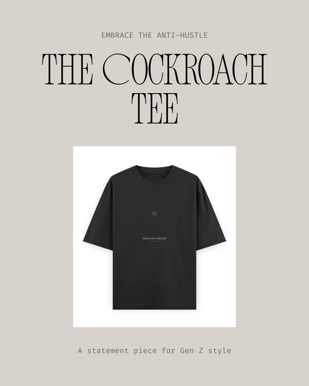 The Cockroach Tee – Oversized unisex graphic tee in black with bold cockroach print, front view